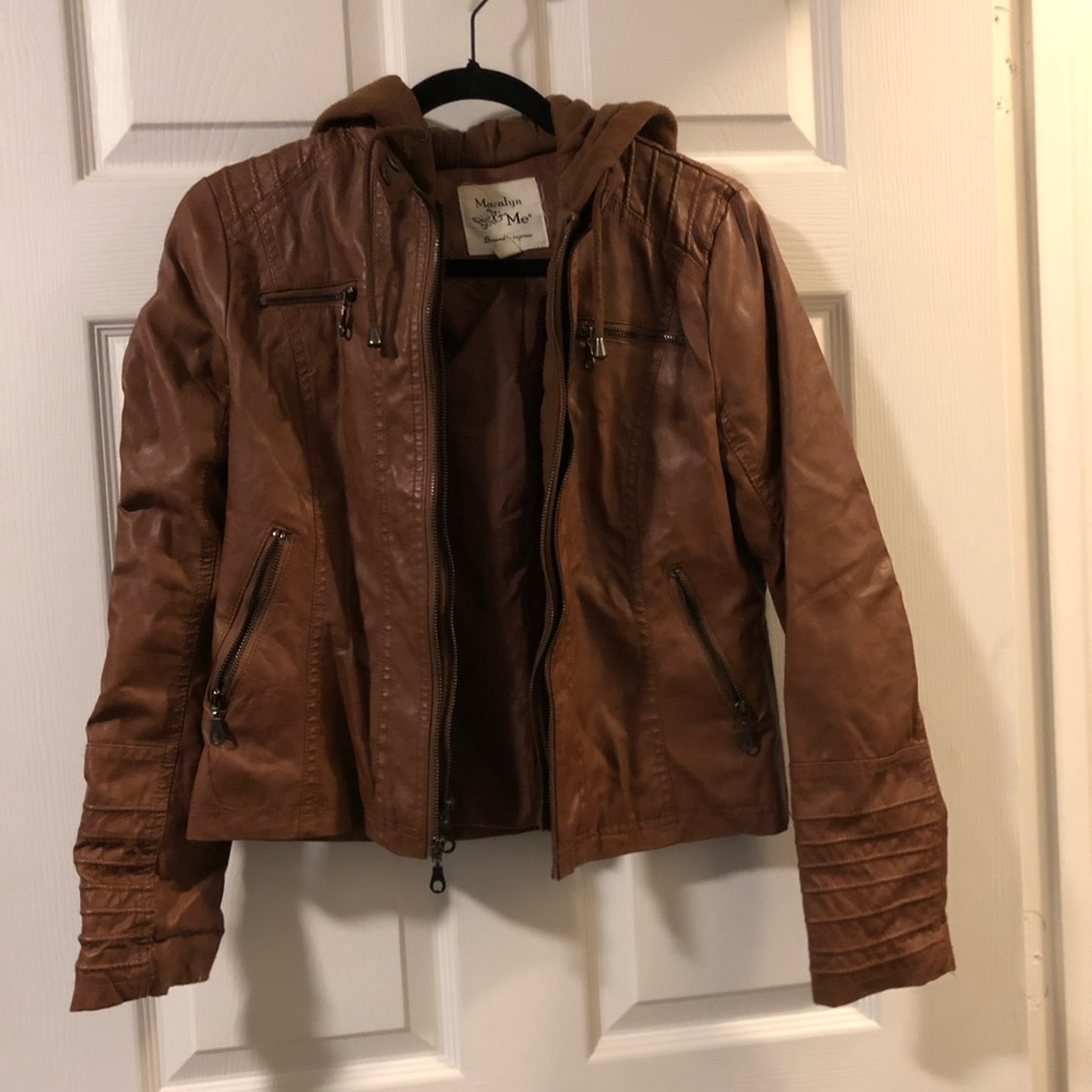 Brown leather jacket with hood
